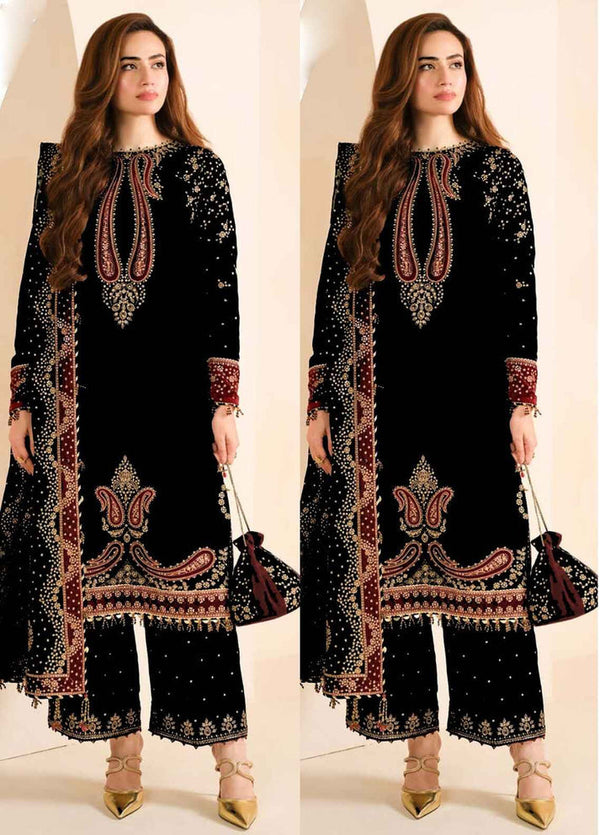 Embroidered  3 Piece Velvet Suit BLACK